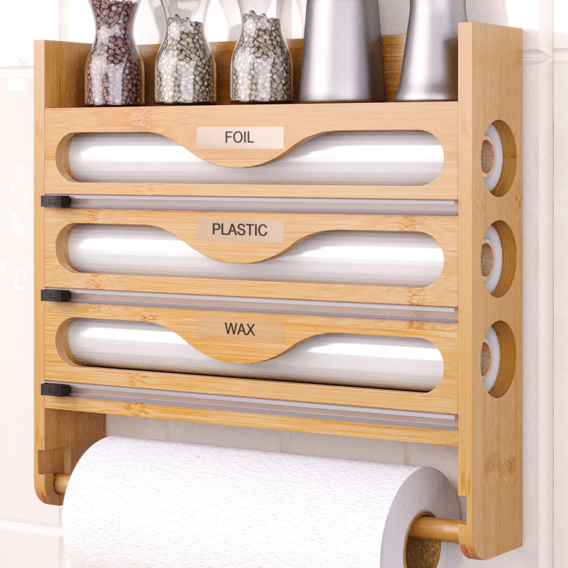 Prie sienos tvirtinamas plastikinio įvyniojimo pjaustytuvas, bambukinis daugiasluoksnis virtuvės pjaustymo dėžutė, sluoksniuotas alavo folijos popierius, korėjietiško stiliaus paprasta laikymo dėžutė