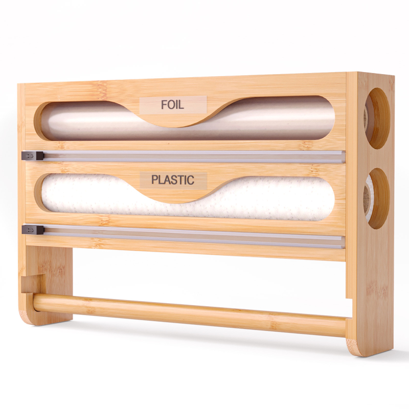 Prie sienos tvirtinamas plastikinio įvyniojimo pjaustytuvas, bambukinis daugiasluoksnis virtuvės pjaustymo dėžutė, sluoksniuotas alavo folijos popierius, korėjietiško stiliaus paprasta laikymo dėžutė