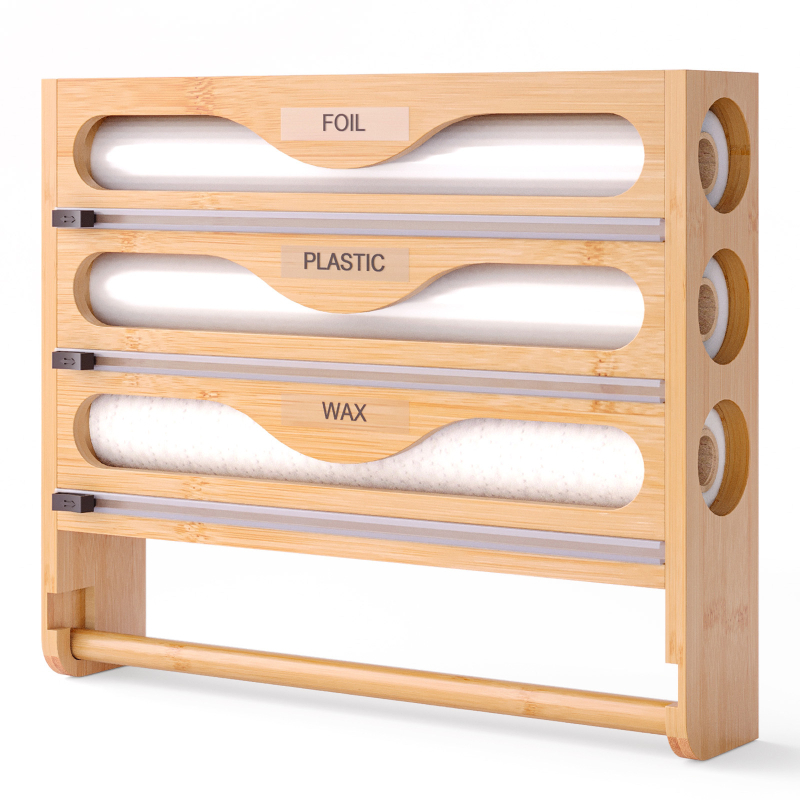 Prie sienos tvirtinamas plastikinio įvyniojimo pjaustytuvas, bambukinis daugiasluoksnis virtuvės pjaustymo dėžutė, sluoksniuotas alavo folijos popierius, korėjietiško stiliaus paprasta laikymo dėžutė