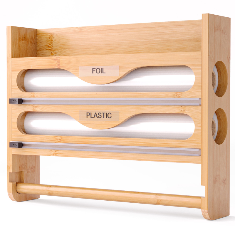 Prie sienos tvirtinamas plastikinio įvyniojimo pjaustytuvas, bambukinis daugiasluoksnis virtuvės pjaustymo dėžutė, sluoksniuotas alavo folijos popierius, korėjietiško stiliaus paprasta laikymo dėžutė