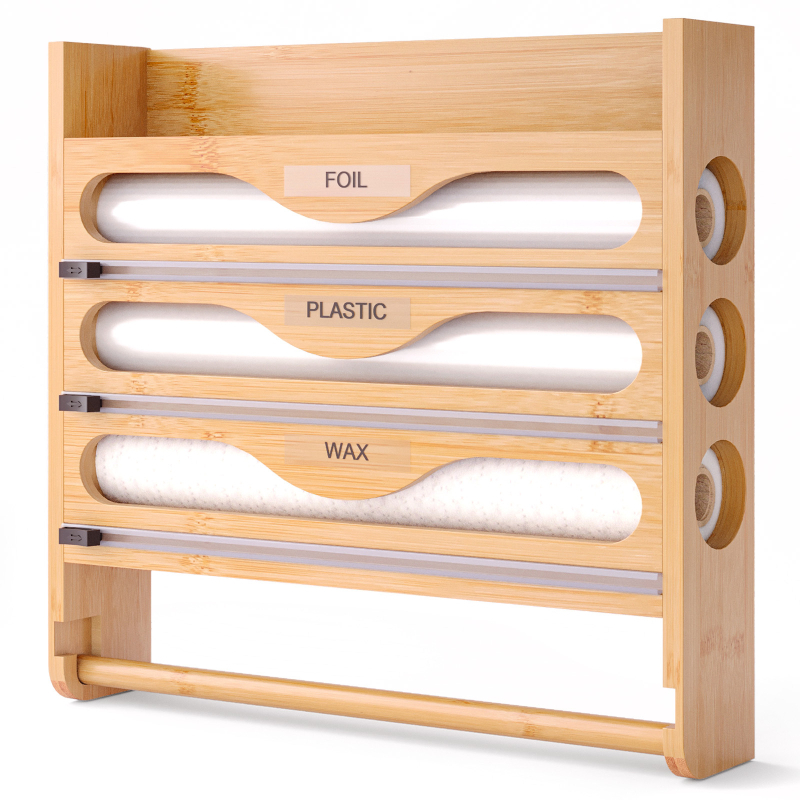 Prie sienos tvirtinamas plastikinio įvyniojimo pjaustytuvas, bambukinis daugiasluoksnis virtuvės pjaustymo dėžutė, sluoksniuotas alavo folijos popierius, korėjietiško stiliaus paprasta laikymo dėžutė