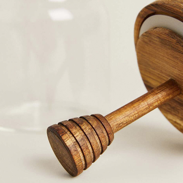 Kerge luksuslik akaatsiapuidust kaanega klaaspurk ümmargune meepurk meepulgaga suletud säilituspurgiga läbipaistev säilituspurk hulgimüügist