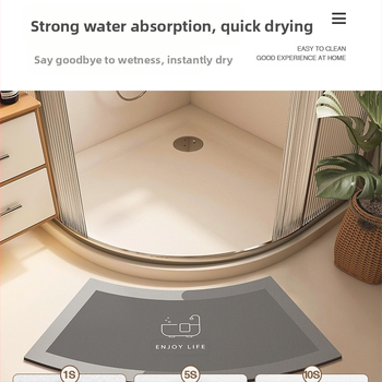 Išlenktas vonios kambario kilimėlis, neslystantis, stipriai sugeriantis kilimas, dušo kambarys, vėduoklės formos, pusapvalis, diatomų purvas, greitai džiūstantis pėdų kilimėlis
