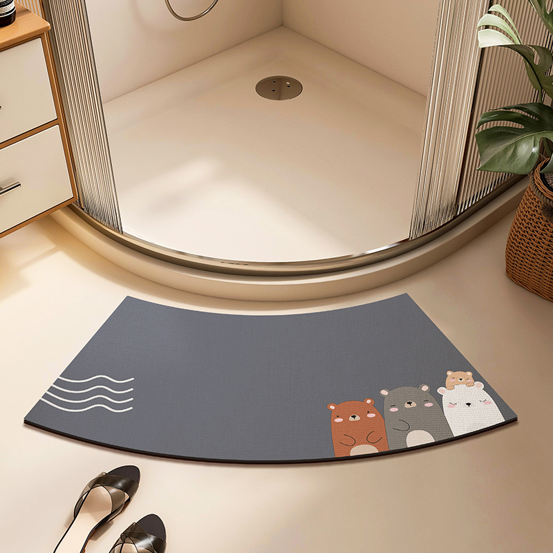 Išlenktas vonios kambario kilimėlis, neslystantis, stipriai sugeriantis kilimas, dušo kambarys, vėduoklės formos, pusapvalis, diatomų purvas, greitai džiūstantis pėdų kilimėlis