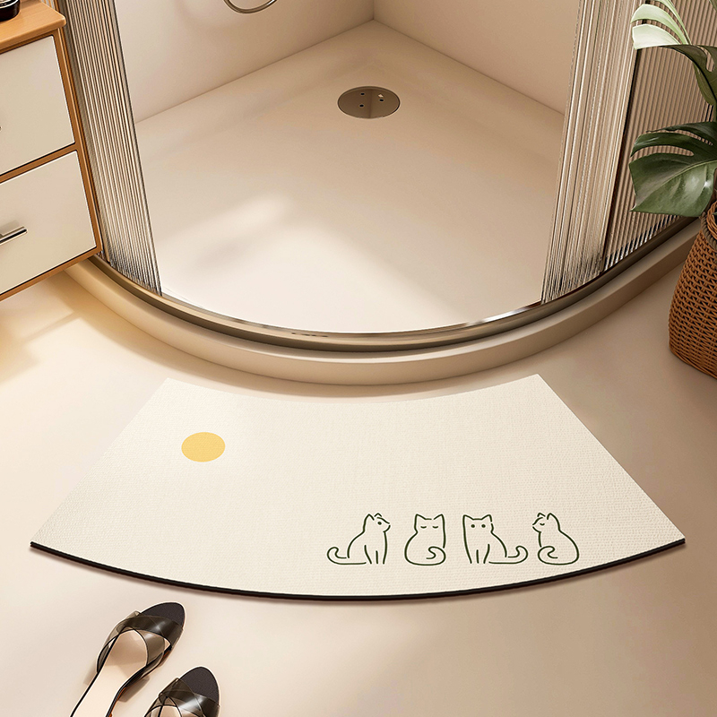 Išlenktas vonios kambario kilimėlis, neslystantis, stipriai sugeriantis kilimas, dušo kambarys, vėduoklės formos, pusapvalis, diatomų purvas, greitai džiūstantis pėdų kilimėlis