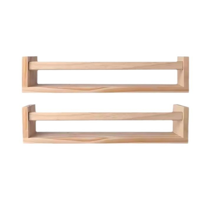 Didmeninė prekyba buitinėmis virtuvės laikymo lentynomis, medinėmis, prieskoniams skirtomis lentynomis, pakabinamomis ant sienos, be perforavimo, paprastomis medinėmis lentynomis.