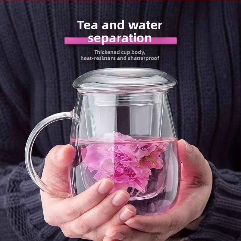 Grybų formos trijų dalių stiklinių puodelių rinkinys su filtru, didelės talpos gėlių arbatai plikyti, tinkamas naudoti namuose ir biure, atsparus aukštai temperatūrai