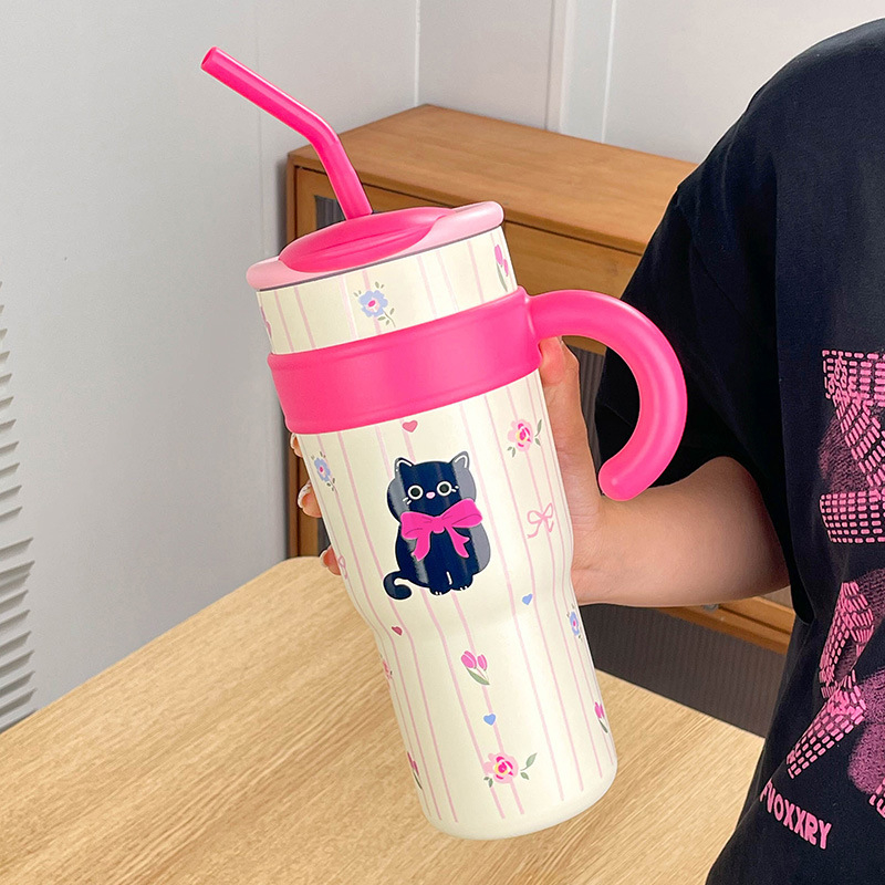 Sanrio Hello Kitty Maruko Big Mac termo puodelis šiaudeliu Mielas didelės spalvos vandens puodelis automobiliui Ledo puodelis