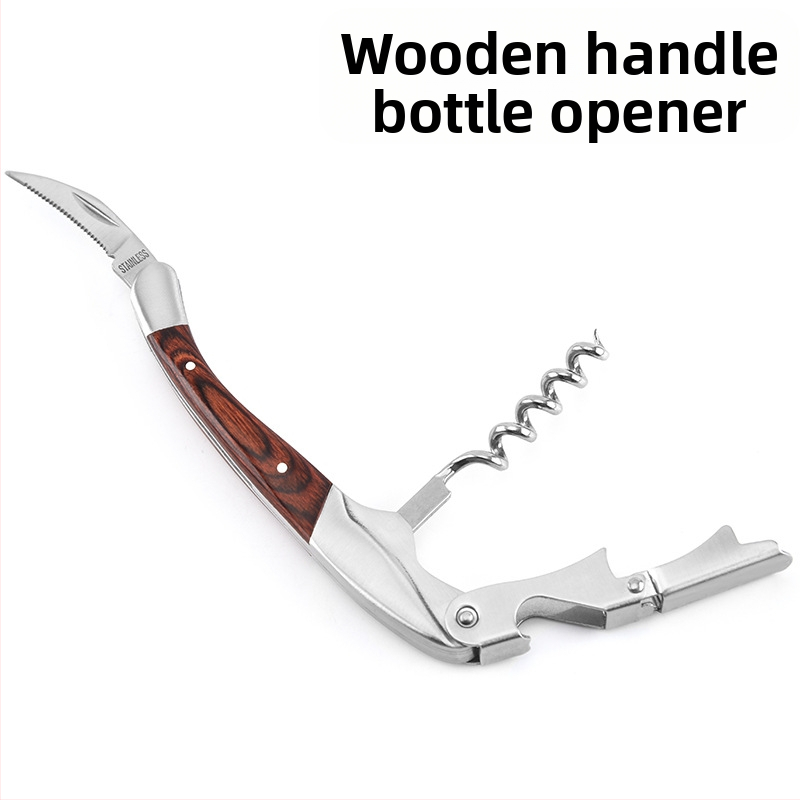 Фабрика на едро отварачка за бутилки от неръждаема стомана с дървена дръжка, отварачка за бутилки за вино, многофункционална отварачка за бутилки за бира, кухненска джаджа