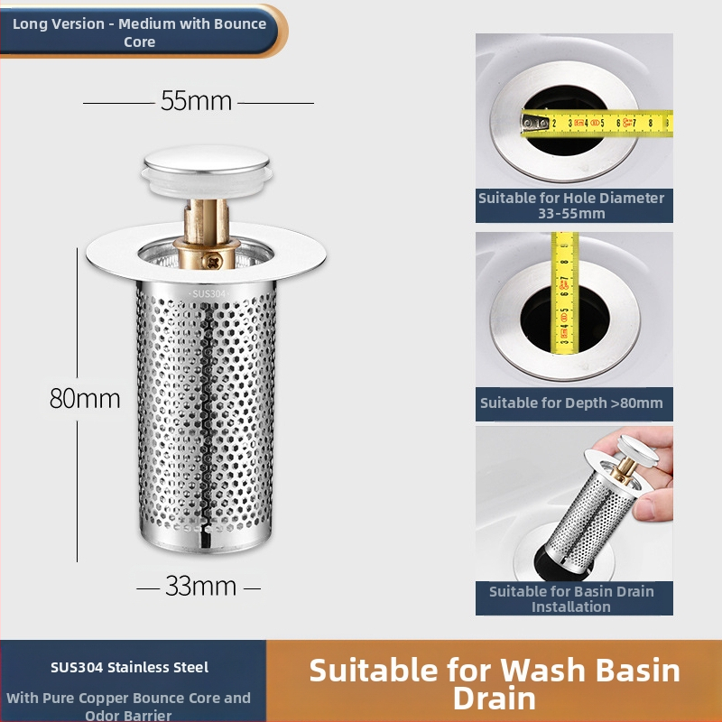 Βύσμα διαρροής νιπτήρα από ανοξείδωτο ατσάλι με αποσμητικό από ανοξείδωτο ατσάλι με πρεσαριστό πυρήνα αποστράγγισης νεροχύτη, αξεσουάρ γενικής χρήσης για νιπτήρα