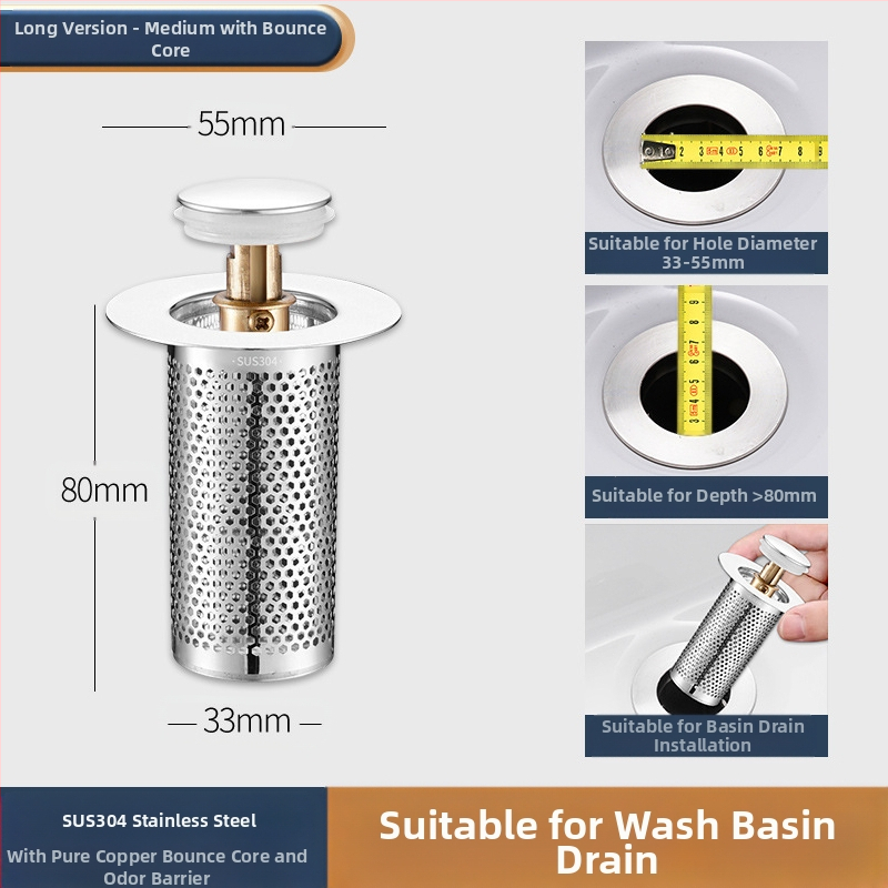 Βύσμα διαρροής νιπτήρα από ανοξείδωτο ατσάλι με αποσμητικό από ανοξείδωτο ατσάλι με πρεσαριστό πυρήνα αποστράγγισης νεροχύτη, αξεσουάρ γενικής χρήσης για νιπτήρα