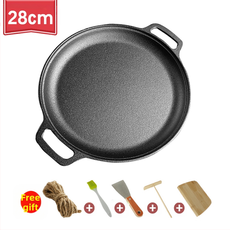 Sustorinta ketaus blyninė, nedengta blyninė, ketaus keptuvė su dviguba ausele, rankinė blyninė su nepridegančia danga, keptuvė su geležine danga