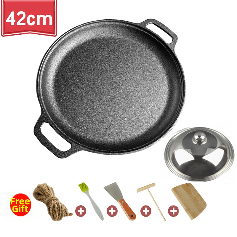 Sustorinta ketaus blyninė, nedengta blyninė, ketaus keptuvė su dviguba ausele, rankinė blyninė su nepridegančia danga, keptuvė su geležine danga