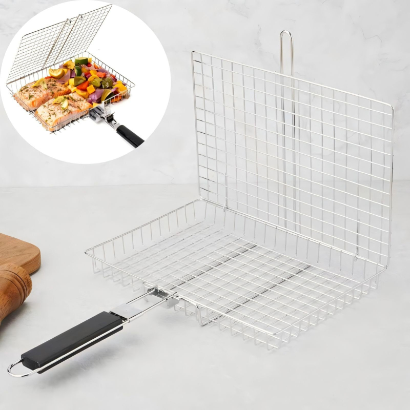 Amazoni välistingimustes kasutatava grilli võrgust üheosaline ristkülikukujuline käepide, tööriistad ja tarvikud, süsinikterasest ruudukujuline võrgusilma raam, paksendatud käepidemega