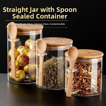 Aukšto borosilikatinio stiklo tiesus cilindras su šaukštu sandariu stiklainiu Buitinis arbatos stiklainis su šaukštu Druskos stiklainis Cukraus stiklainis Paprastas laikymo stiklainis