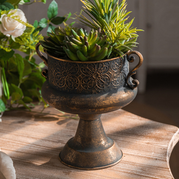 Antikvarinė geležinė džiovintų gėlių vaza, fotostudijos fotografija, seni dekoracijų papuošalai, prancūziško romantiško trofėjaus formos amatai