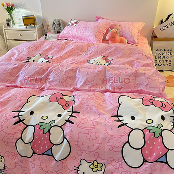 Комплект от 3 части за момиче с интернет знаменитости и котешко сърце, спално бельо с анимационен герой и сладък чаршаф в стил принцеса, калъф за завивка за лице, розов