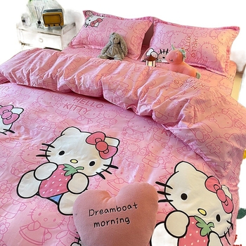 Комплект от 3 части за момиче с интернет знаменитости и котешко сърце, спално бельо с анимационен герой и сладък чаршаф в стил принцеса, калъф за завивка за лице, розов