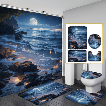 Allikastootjate piiriülene dušikardina neljaosaline komplekt perforeerimata vaheseinakardinast digitaaltrükiga vannitoakleit