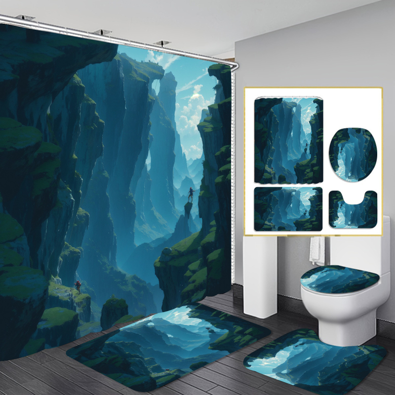 Allikastootjate piiriülene dušikardina neljaosaline komplekt perforeerimata vaheseinakardinast digitaaltrükiga vannitoakleit