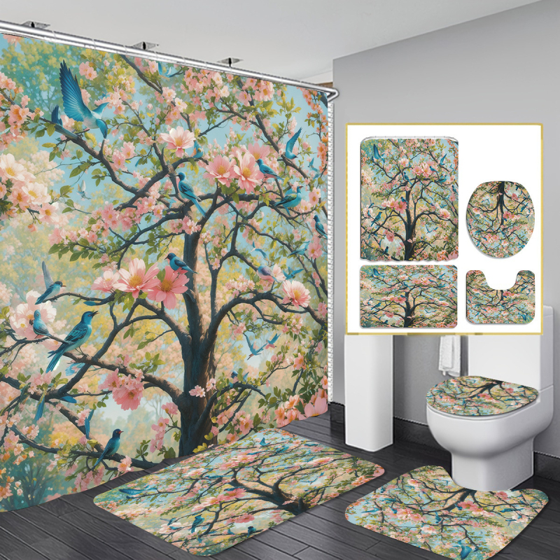 Allikastootjate piiriülene dušikardina neljaosaline komplekt perforeerimata vaheseinakardinast digitaaltrükiga vannitoakleit