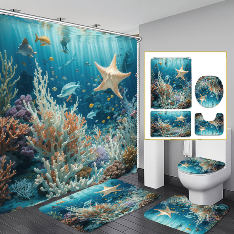 Allikastootjate piiriülene dušikardina neljaosaline komplekt perforeerimata vaheseinakardinast digitaaltrükiga vannitoakleit