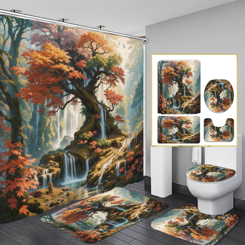 Allikastootjate piiriülene dušikardina neljaosaline komplekt perforeerimata vaheseinakardinast digitaaltrükiga vannitoakleit