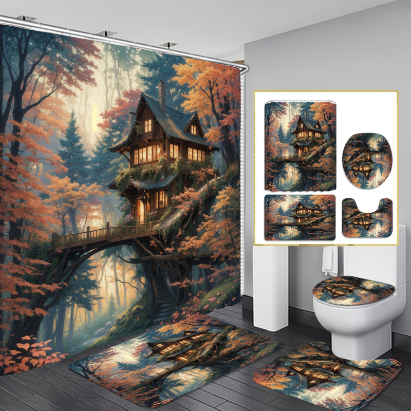 Allikastootjate piiriülene dušikardina neljaosaline komplekt perforeerimata vaheseinakardinast digitaaltrükiga vannitoakleit