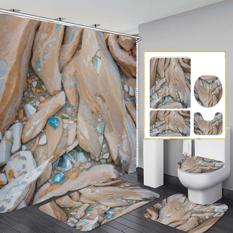 Allikastootjate piiriülene dušikardina neljaosaline komplekt perforeerimata vaheseinakardinast digitaaltrükiga vannitoakleit