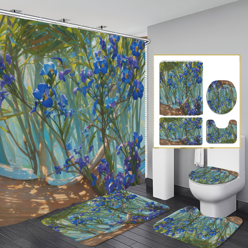 Allikastootjate piiriülene dušikardina neljaosaline komplekt perforeerimata vaheseinakardinast digitaaltrükiga vannitoakleit