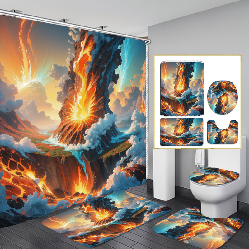 Allikastootjate piiriülene dušikardina neljaosaline komplekt perforeerimata vaheseinakardinast digitaaltrükiga vannitoakleit