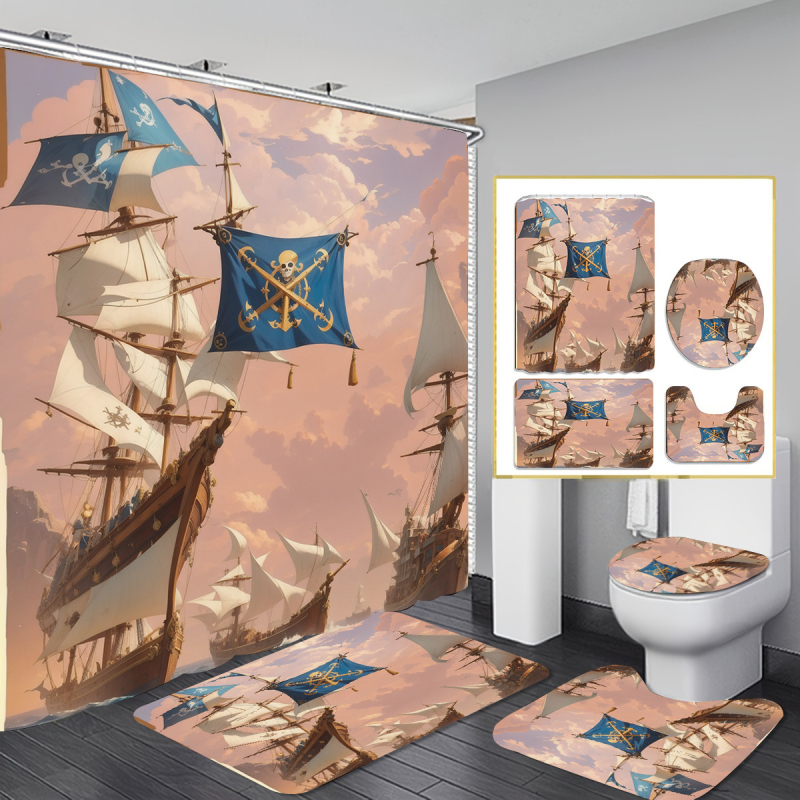 Allikastootjate piiriülene dušikardina neljaosaline komplekt perforeerimata vaheseinakardinast digitaaltrükiga vannitoakleit