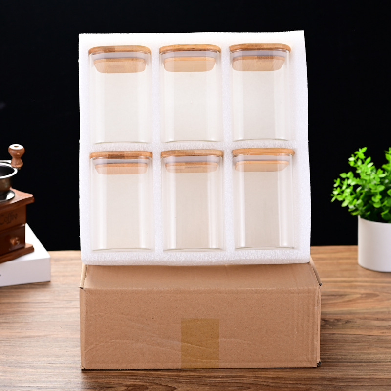 Cezhraničná bambusová veko 12-dielna štvorcová skladovacia nádoba s perlovým bavlneným oblekom, uzavretá nádoba s vysokým borosilikátovým tepelne odolným úložným džbánom, veľkoobchod
