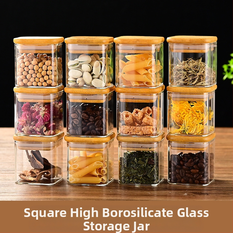 Cezhraničná bambusová veko 12-dielna štvorcová skladovacia nádoba s perlovým bavlneným oblekom, uzavretá nádoba s vysokým borosilikátovým tepelne odolným úložným džbánom, veľkoobchod