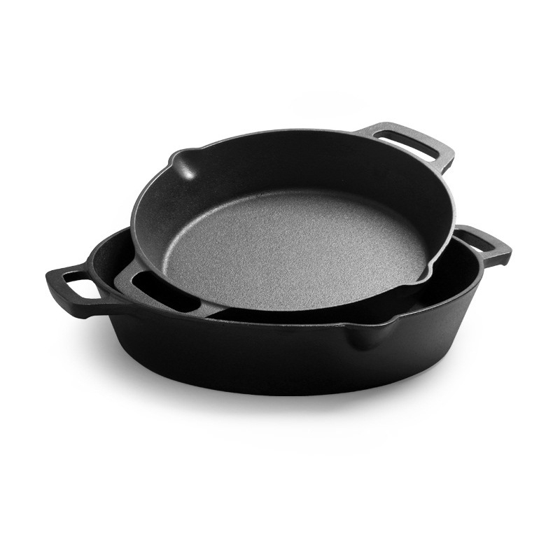 Proizvođač isporučuje tavu od lijevanog željeza s dvostrukim izljevom, zadebljanu tavu bez premaza, tavu s dvostrukom ručkom, američku tavu s dvostrukim izljevom za ulje