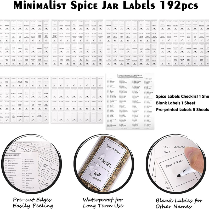 Amazon 192 uzlīmju virtuves pārtikas etiķešu komplekts stikla pudeles uzlīme garšvielu materiāla pudeles klasifikācijas uzlīme balta etiķete