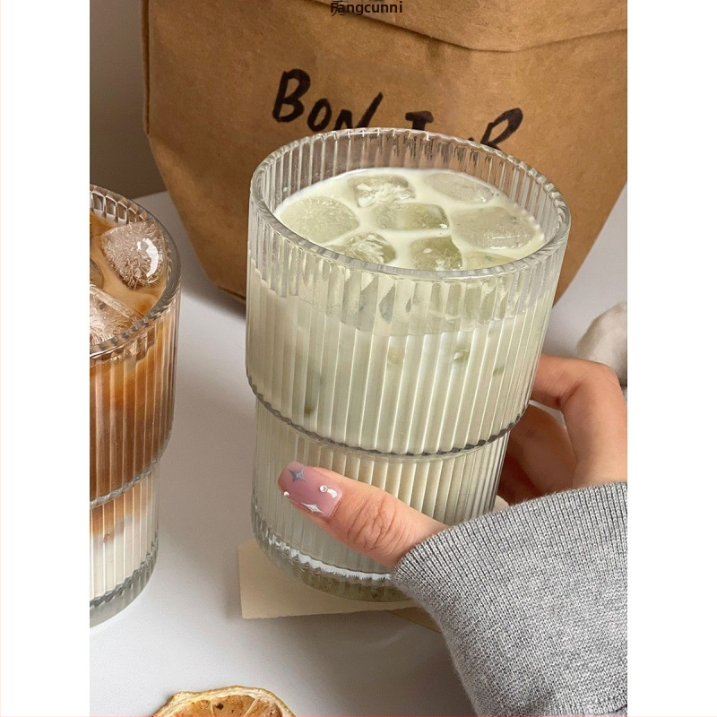 Вертикална райета стъклена чаша за кафе с капак и сламка чаша за вода домакинска висококачествена бамбукова чаша лате чаша за мляко на едро