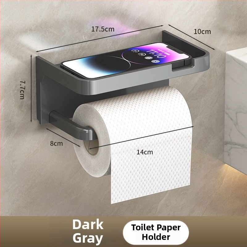 Tarpvalstybinis vonios kambario tualetinio popieriaus ritinėlio laikiklis, sustorintas tamsiai pilkas laikiklis be perforatoriaus, tualetinis vonios kambario popierinių rankšluosčių laikiklis, mobiliojo telefono laikymo lentynėlė
