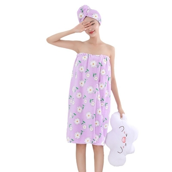 Moteriškas vasarinis rankšluostis su spausdintu vamzdeliu ir viršutiniu sijonu, dušo kepuraitė, minkštas chalatas, sugeriantis sausų plaukų kepuraitės dviejų dalių rinkinys