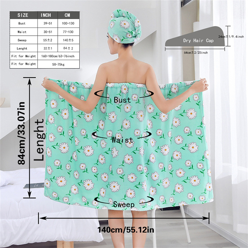 Moteriškas vasarinis rankšluostis su spausdintu vamzdeliu ir viršutiniu sijonu, dušo kepuraitė, minkštas chalatas, sugeriantis sausų plaukų kepuraitės dviejų dalių rinkinys