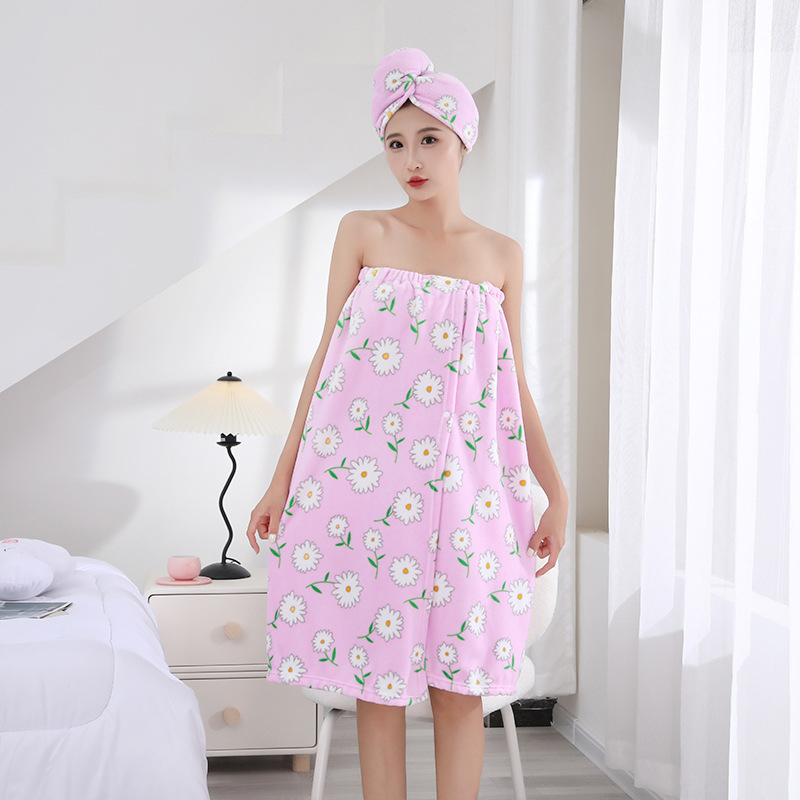 Moteriškas vasarinis rankšluostis su spausdintu vamzdeliu ir viršutiniu sijonu, dušo kepuraitė, minkštas chalatas, sugeriantis sausų plaukų kepuraitės dviejų dalių rinkinys