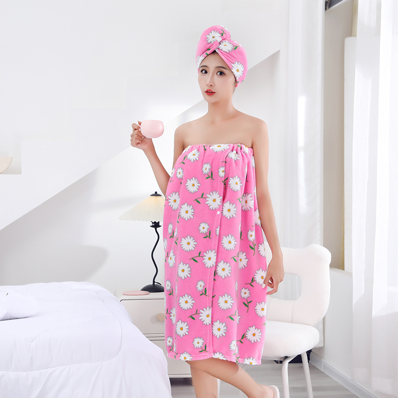 Moteriškas vasarinis rankšluostis su spausdintu vamzdeliu ir viršutiniu sijonu, dušo kepuraitė, minkštas chalatas, sugeriantis sausų plaukų kepuraitės dviejų dalių rinkinys