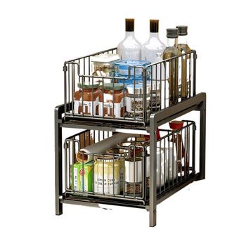 Maža virtuvės lentynėlė su tarpeliu, siaura, dvigubo sluoksnio, ištraukiama apatinė kriauklės spintelė, prieskonių laikymo lentynėlė