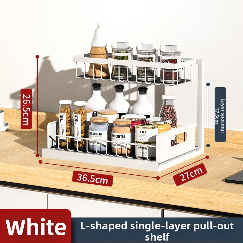 Maža virtuvės lentynėlė su tarpeliu, siaura, dvigubo sluoksnio, ištraukiama apatinė kriauklės spintelė, prieskonių laikymo lentynėlė