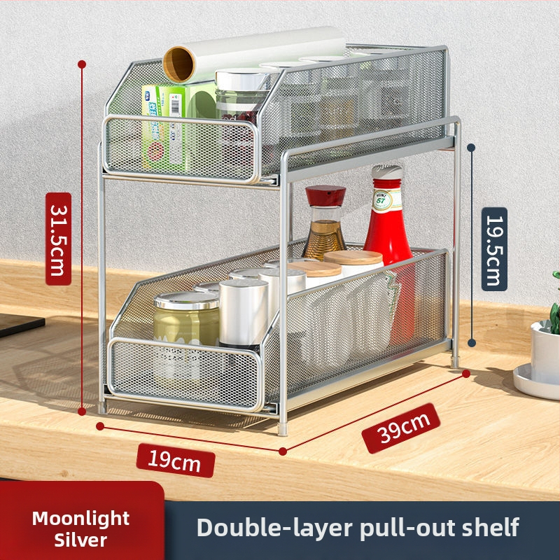 Maža virtuvės lentynėlė su tarpeliu, siaura, dvigubo sluoksnio, ištraukiama apatinė kriauklės spintelė, prieskonių laikymo lentynėlė