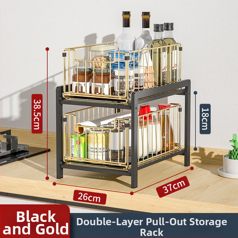 Maža virtuvės lentynėlė su tarpeliu, siaura, dvigubo sluoksnio, ištraukiama apatinė kriauklės spintelė, prieskonių laikymo lentynėlė