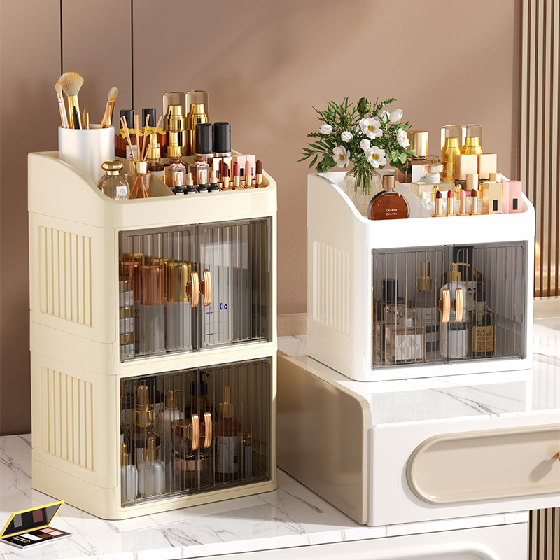 Sulankstoma dvigubų durų karūnos balta kosmetikos laikymo dėžutė daugiasluoksnė kanceliarinių prekių laikymo lentyna buitinės odos priežiūros priemonės dulkėms atsparios