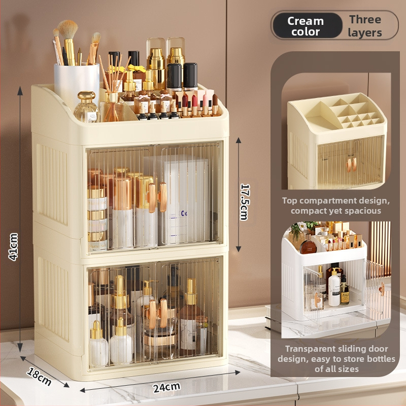 Sulankstoma dvigubų durų karūnos balta kosmetikos laikymo dėžutė daugiasluoksnė kanceliarinių prekių laikymo lentyna buitinės odos priežiūros priemonės dulkėms atsparios