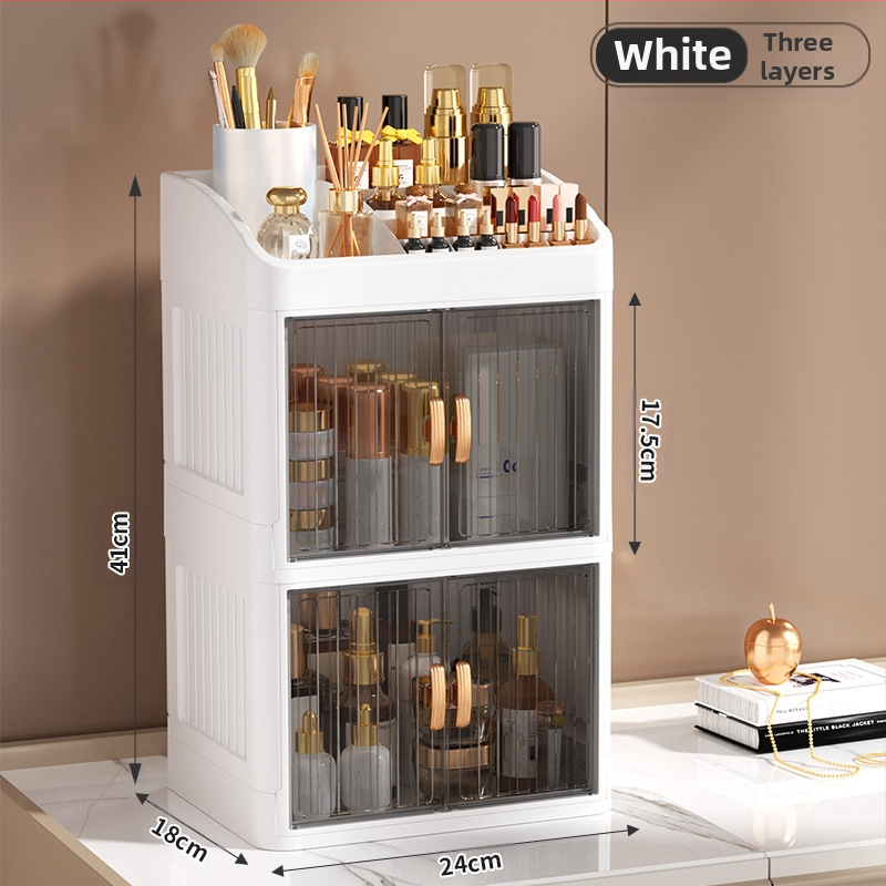 Sulankstoma dvigubų durų karūnos balta kosmetikos laikymo dėžutė daugiasluoksnė kanceliarinių prekių laikymo lentyna buitinės odos priežiūros priemonės dulkėms atsparios