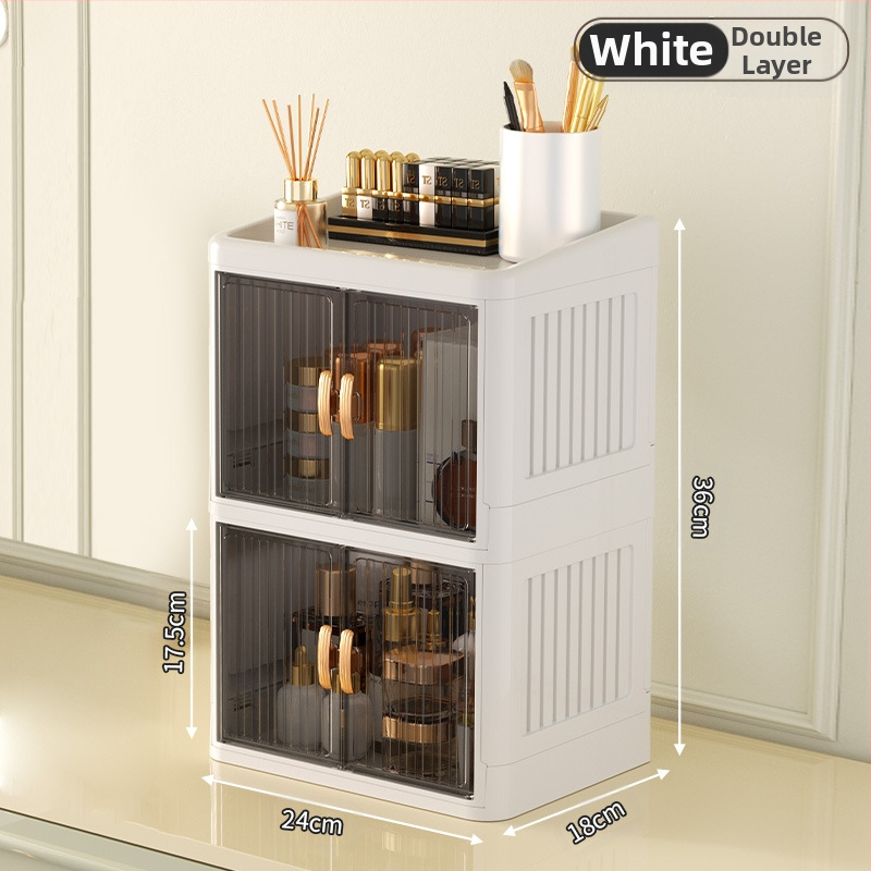 Sulankstoma dvigubų durų karūnos balta kosmetikos laikymo dėžutė daugiasluoksnė kanceliarinių prekių laikymo lentyna buitinės odos priežiūros priemonės dulkėms atsparios